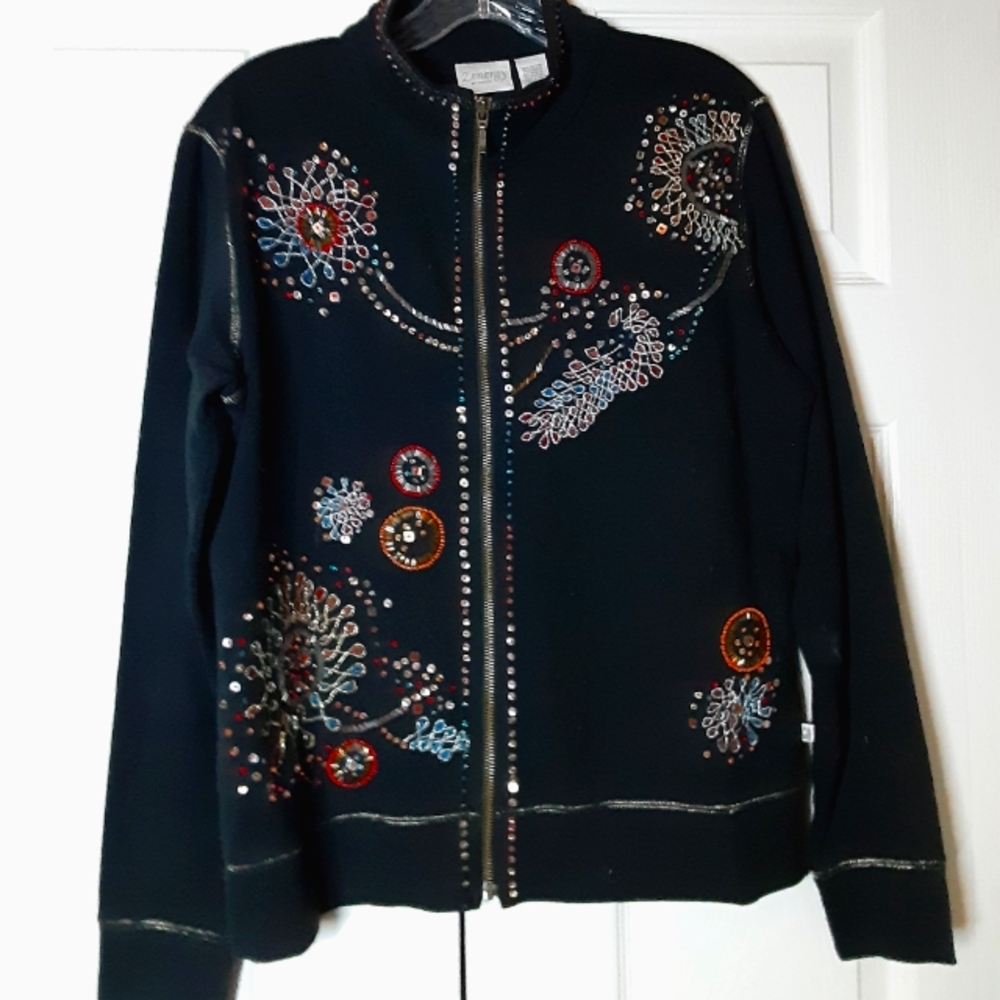 Zenergy by Chicos sequined, beaded, embroidered zip up Cardigan sweater W size 1